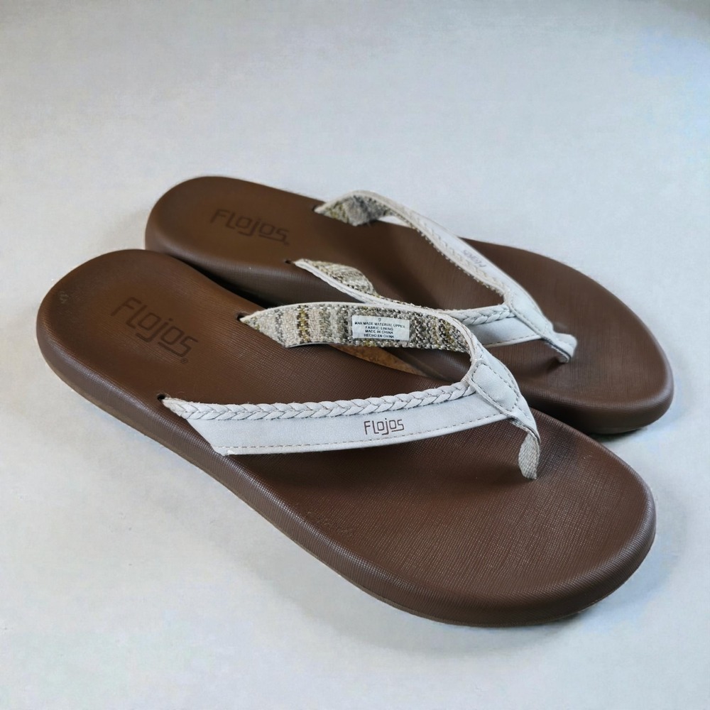 Flojos Women's Flip Flop Thong Sandals Brown Braided Size 9 White Faux Leather